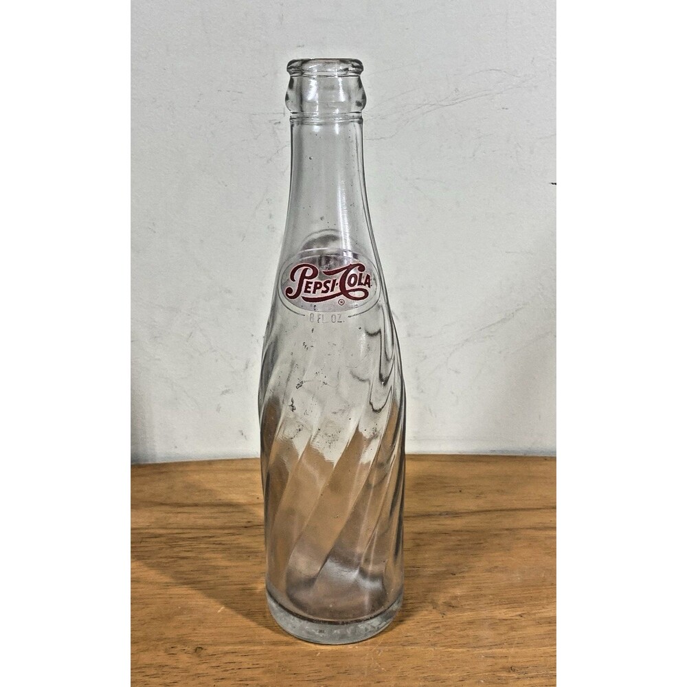 Vintage 8 oz Clear Swirl Glass Pepsi/Pepsi-Cola Crown Top Bottle 8 3/4 in Tall